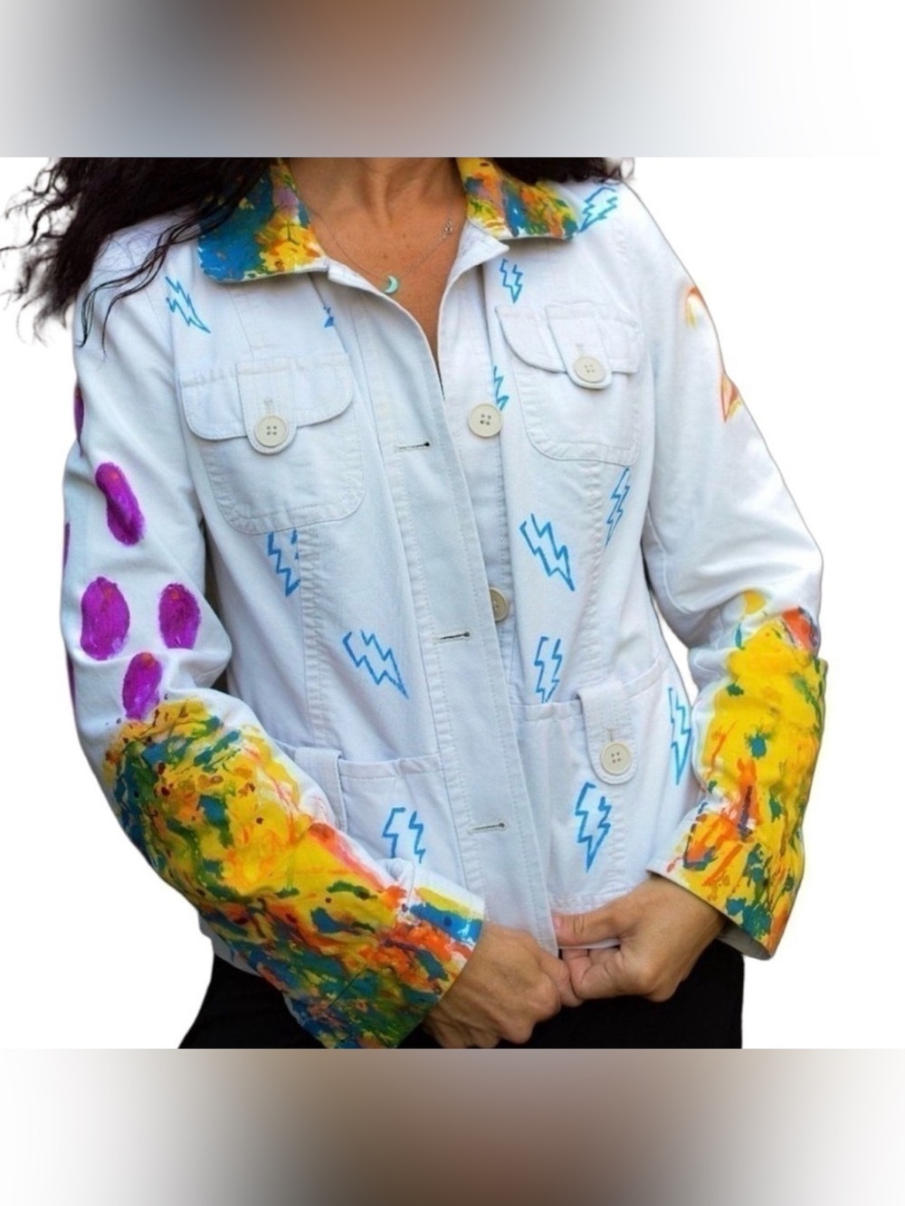 Vintage cotton white peplum jacket, paint splatter, lightening, hand painted